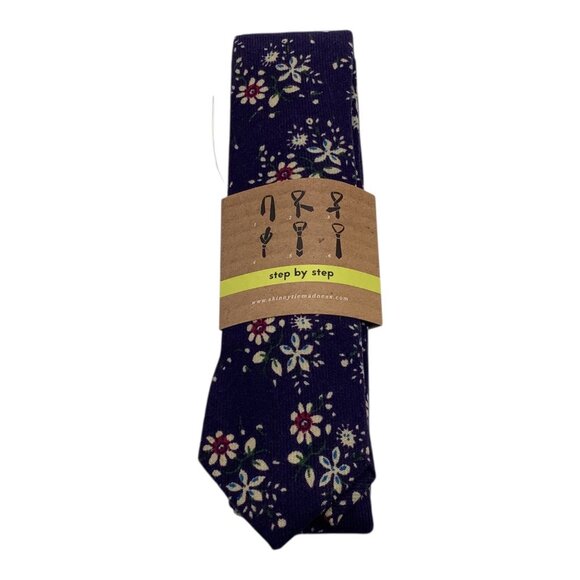 Skinny Tie Madness Mens Floral Blue Cotton Multicolor Skinny Neck Tie Flowers - Picture 13 of 14